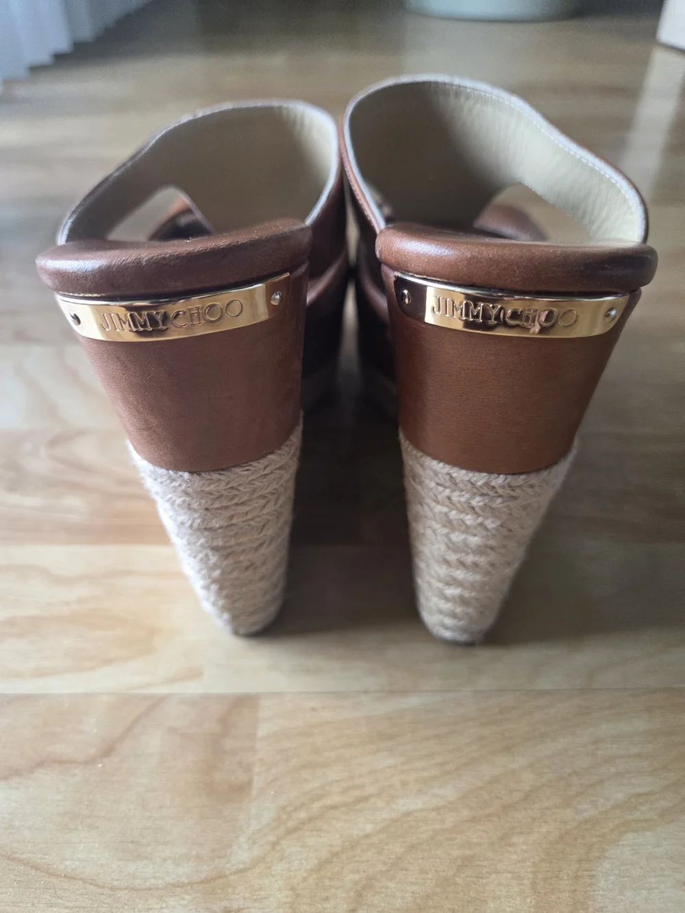 Jimmy Choo Tan Leather Espadrille Wedge Sandals